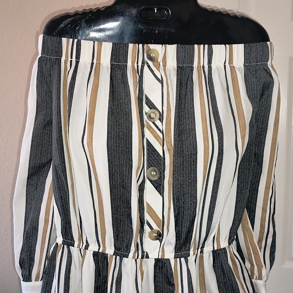 Blush Off-Shoulder Mini Dress in White, Black, and Tan Stripe